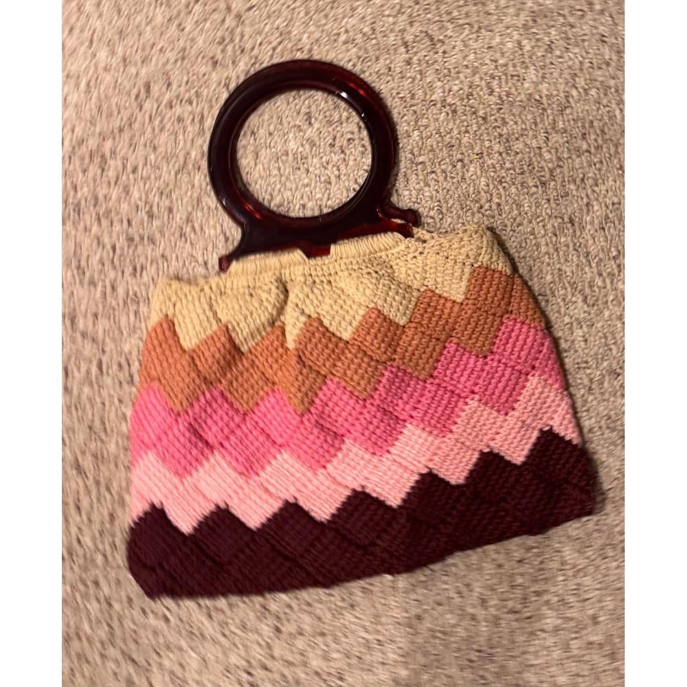 Vintage Handmade Crochet Chevron Handbag Pink Orange Burgundy Ring Handle Bag